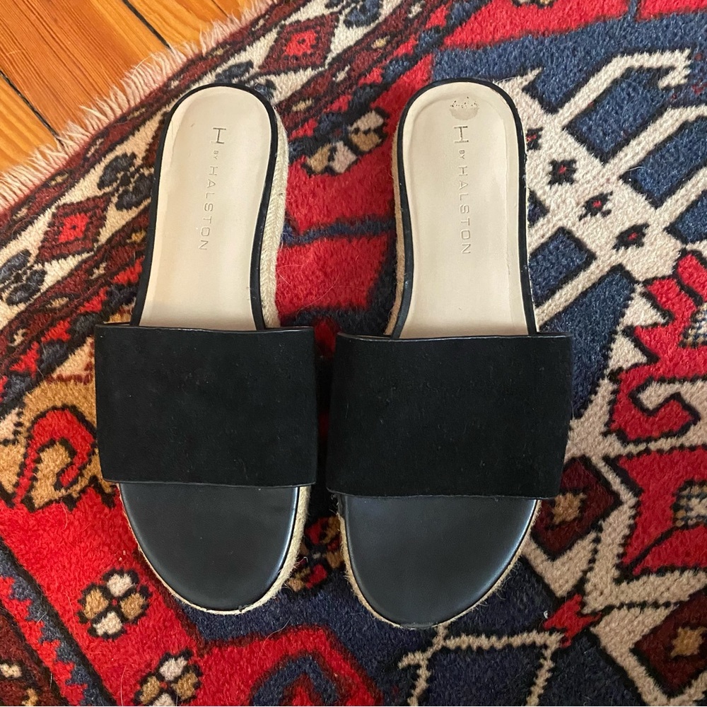 H by Halston black suede leather espadrille slides